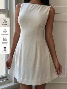 MEXCovetEZ Vestido corto sin espalda y sin mangas de unicolor elegante para mujerMEX CY89 - Albaricoque - Ver 12