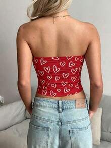 Women's Strapless Knitted Crop Tube Top With Heart Print, Short Length Summer Festival Tank, Medium Stretch Fit - Red - View 4