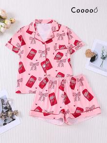 Full Of American Retro Feel! Soda Bow Pajamas Two-Piece Set, Sweet And Cool Contrasting Color Design, Eye-Catching For Both Home And Outdoor Wear, Comfortable And Stylish - White - View 1