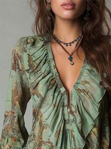 Áo kiểu nữ mùa hè thanh lịch, chất liệu chiffon in họa tiết toàn thân, cổ chữ V sâu, khóa kéo, tay bồng, phong cách nghỉ dưỡng Pháp cổ điển. - Xanh lá xô thơm - Xem 4