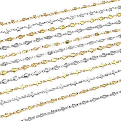1米不锈钢吊坠链，镀金和镀银，星形/心形/十字架/方形/椭圆形链条，DIY首饰制作链条，适用于项链/手链/脚链等工艺链条材料