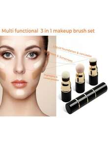 3合1多功能化妆刷套装，Queen Scepter 3合1专业粉底液化妆刷套装，歌舞伎腮红刷，散粉/粉底液/BB霜/防晒霜/高光/修容/遮瑕/腮红/膏状腮红适用，旅行化妆刷套装，带刷盖 - 彩色 - 查看 2