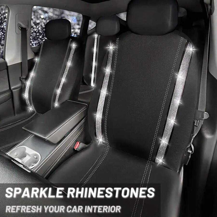 防滑水钻汽车座椅套套装，闪亮水钻防水仿皮材质，背面带拉链，通用汽车闪亮水晶条，适合可爱女孩，银色