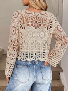 Women's Bohemian Hollow Crochet Knit Cover Up, V-Neck Tie Front Bell Sleeve Cropped Top, Beach Vacation Cover-Up Summer - Champagne - View 2