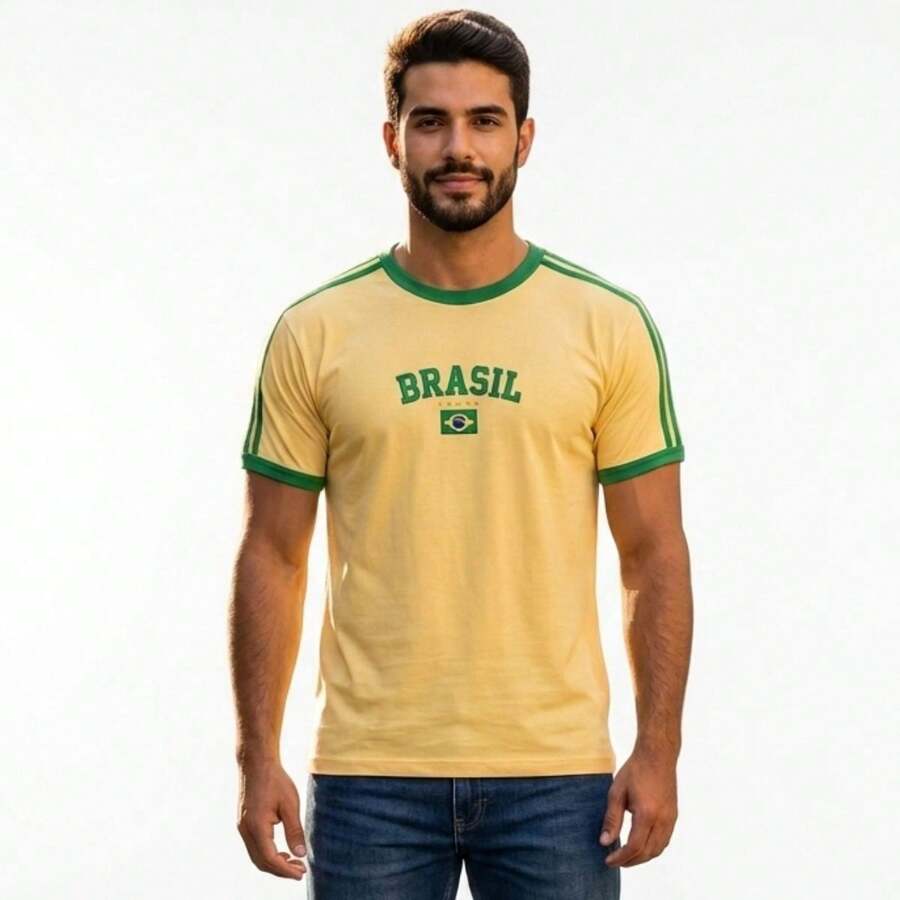 Men's Retro Brazil T-Shirt With Embroidered Design, Combed Cotton. - 黃色 - 查看 1