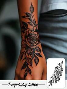 1pc Temporary Tattoo Sticker 7-14 Days Herbal Long-Lasting Tattoo Sticker, Minimalist Style Hand Abstract Mysterious Pattern Vintage Style Rose Vine Tattoo Sticker Personalized Cool Herbal Tattoo Sticker, Washable Temporary Tattoo Sticker PVC Personalized Fashion Tattoo Sticker Suitable For People - Black - View 1