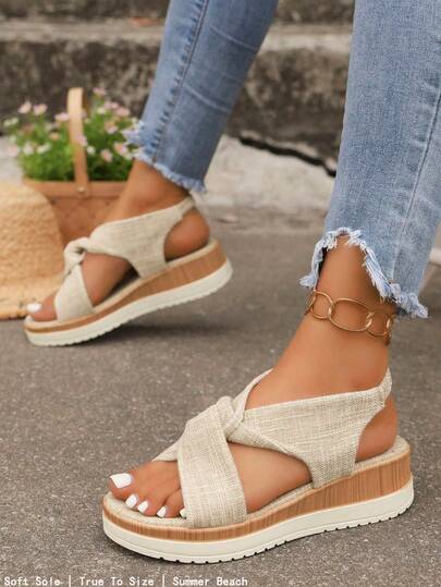 Dames boho linnen wedge sandalen, open teenschoenen met gekruiste bandjes, casual zomerse strandschoenen