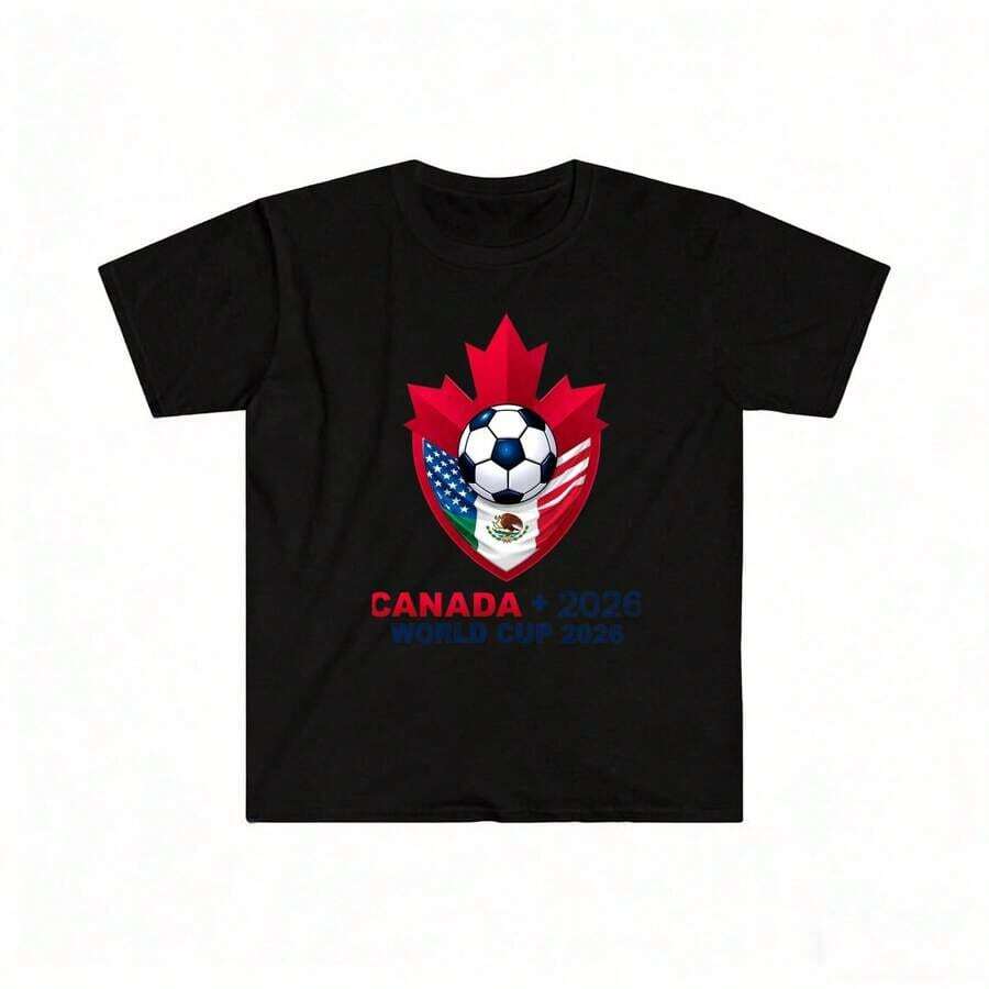 Black Shirt Canada 2026 Soccer Ball With Maple Leaf And Flags Design Sports Events And Casual WearSports-Shirt, Women's-Shirt, Breathable-Shirt, - hình dạng - Xem 1