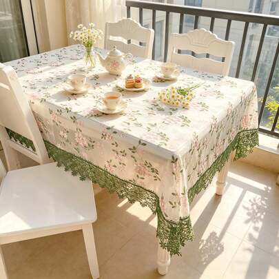 HXARTMIS 1 chiếc khăn trải bàn ren hoa màu xanh/hồng kiểu đồng quê, khăn trải bàn ăn thêu trang nhã với viền thêu màu xanh lá cây, đồ dệt gia dụng lãng mạn kiểu nhà nông thôn cho nhà bếp, phòng khách, sân vườn ngoài trời, tiệc gia đình, trang trí đám cưới, cũng thích hợp cho Ngày của Mẹ, Ngày của Cha và các dịp lễ khác.