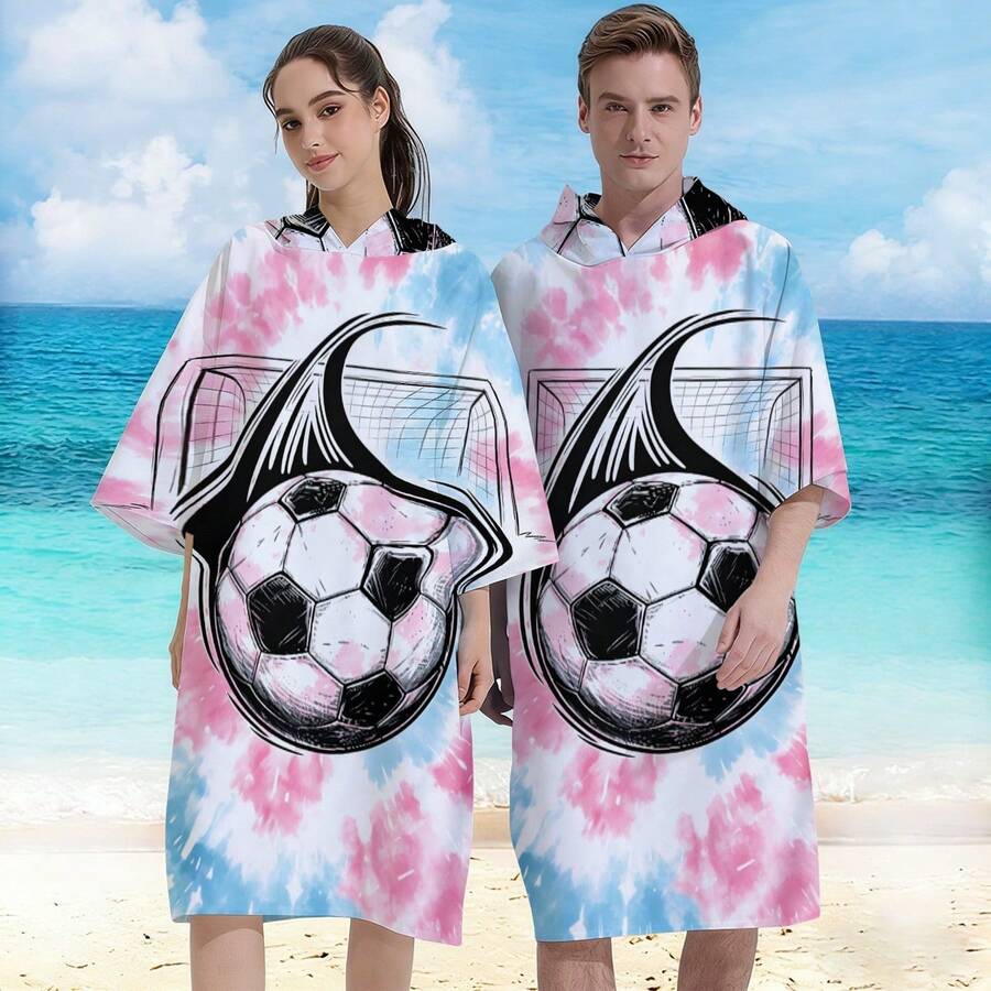 1件超大号扎染效果2026世界杯足球主题进球庆祝派对夏季印花图案连帽沙滩巾 - 成人速干超柔软纤维沙滩斗篷 - 沙滩连帽浴巾 - 沙滩换装罩衫 - 吸水性强，轻便，带帽浴袍，可穿戴连帽沙滩巾 - 速干，防沙，超强吸水，露营毛巾