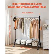 Kleiderständer Garderobenständer rollbar mit Kleiderstange & seitlichen Haken, bis 90 kg belastbar, robuster Kleiderständer aus Karbonstahl ideal für Schlafzimmer Waschküche Wohnzimmer - 90 kg Belastbar - Übersicht 3
