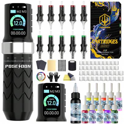 POSEIDON Tattoo Kit With 2 Rechargeable 2300mAh Batteries And Large Color Screen Wireless Tattoo Machine Set, Includes: 11 Tattoo Ink Colors, 10 Cartridge Needles, 1 Tattoo Bandage, 1 Practice Skin, 2 Transfer Papers, 40 Ink Cups, 1 Glove, 1 Palette, Suitable For Beginners And Artists