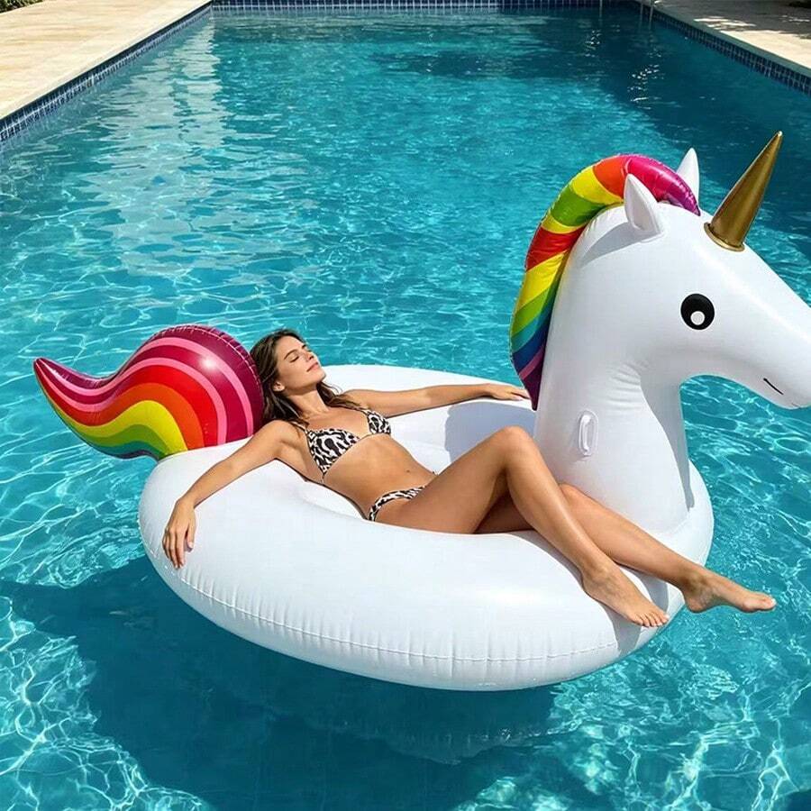 Extra Large Rainbow Unicorn Inflatable Float, Thick PVC Adult Water Floating Lounger, Suitable For Pool, Beach, Vacation Atmosphere - 白色獨角獸 - 查看 1