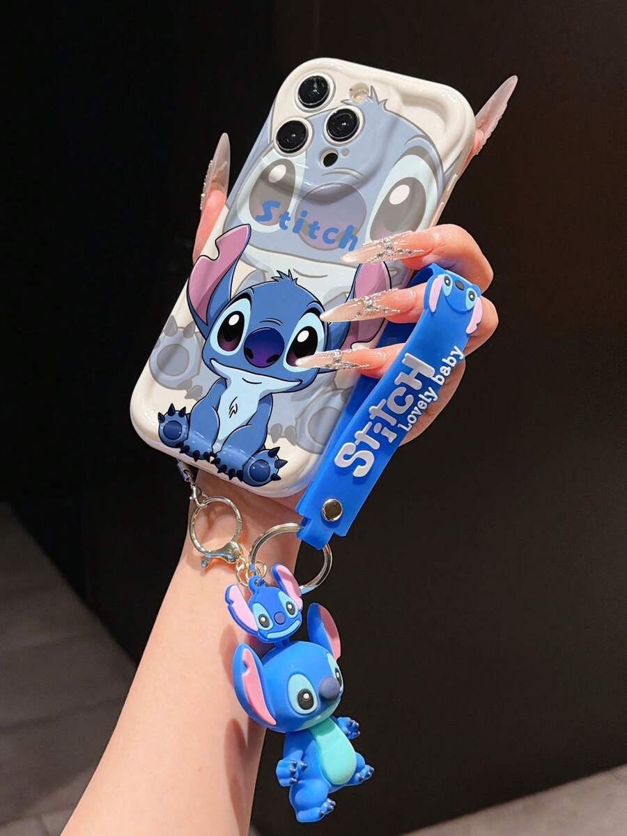 Disney Lilo & Stitch Phone Case With Stitch Wrist Strap & 3D Plush Keychain, Cute Double Layer Stitch Character Print With "Stitch" Logo, Shockproof Silicone Wave Edge Case With Hand Strap, Disney Stitch Phone Cover For IPhone 17, 16, 15, 14, 13, 12, And 11 Pro Models. Made Of Durable TPU With Shockproof Protection. A Fun Gift For Family, Friends, Birthdays, Holidays, And Special Occasions. - 白色 - 查看 1