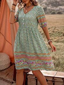 Vestido casual con botones y estampado floral, atuendo de playa y vacaciones para mujeres - Negro - Ver 10