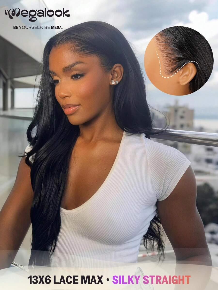 MEGALOOK 13x6 Three-Part Lace Front Wig, Silky Straight Hair, Pre-Trimmed Hairline, Bleached Knots, No Glue, 150%/200% Density, Pre-Plucked Transparent Lace, Natural Color, Suitable For Women's Daily Office, Gatherings, Y2K Style, Vacation, Outdoor, Cosplay, Campus, Holidays, Halloween, Easter, Etc.