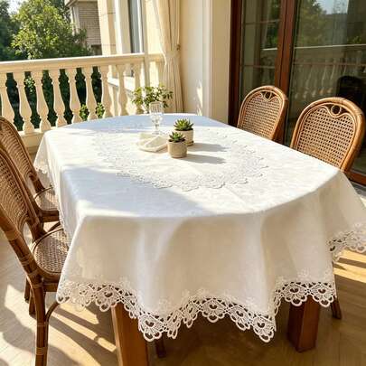 HXARTMIS 1pc Elegant White Jacquard Embroidered Edged Tablecloth, Vintage Floral Embossed Rectangular Table Cover, Suitable For Home Dining Table, Outdoor Patio, Wedding Party, Mother's Day, Father's Day, Valentine's Day And Other Holiday Decor