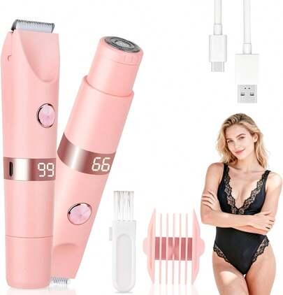 Beanify 2-In-1 Electric Shaver &Amp; Bikini Trimmer With LED Display For Women &Amp; Men,IPX7 Waterproof Wet_Dry Electric Razor With Dual Head, Rechargeable Painless Body &Amp; Facial Hair Remover (Pink)