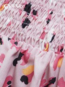 Vestido midi con volantes estampado en marrón - Vestido de mujer con pliegues y adornos en capas, de tela cómoda de mezcla de algodón, adecuado para uso diario, fiestas de jardín y vacaciones en la ciudad, temporada de primavera - Rosa - Ver 8