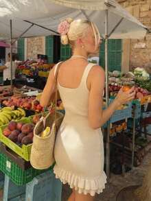 女士纯色荷叶边下摆休闲度假约会旅行羊毛针织吊带裙，优雅派对婚礼夏季礼服 - 杏色 - 查看 10