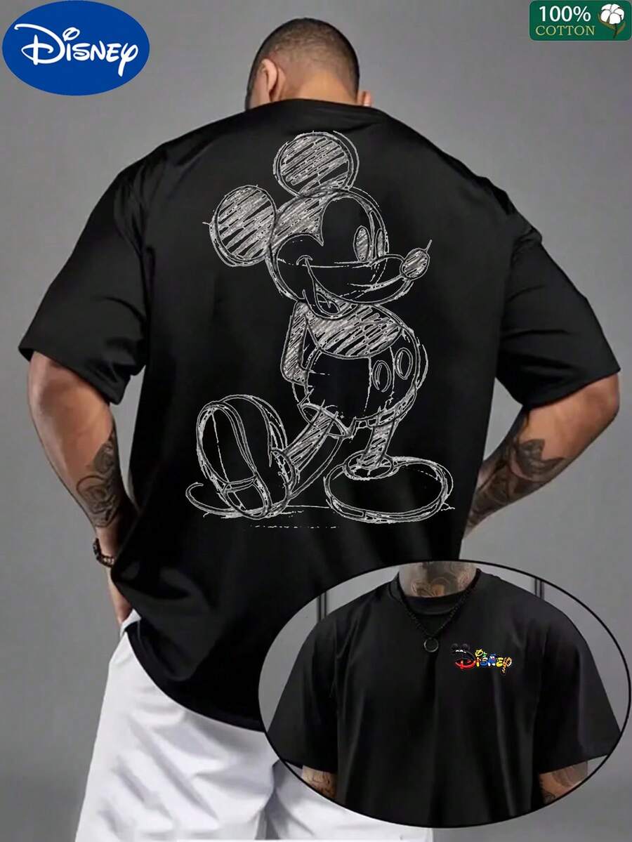 Disney Collaboration,Mickey Mouse T-Shirt With Cartoon Design, 100% Cotton, Loose Fit,Mother's Day,Father's Day,4th Of July - 黑色 - 查看 1