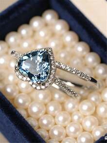 Juego de anillo de compromiso con corte de corazón de CZ para mujeres, diseño de alta gama apilable para novia y boda, joyería de propuesta de matrimonio para mujeres, anillo de compromiso, anillo de compromiso, uso diario - Azul - Ver 2