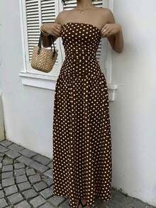 Vestido bandeau con cintura ceñida y estampado de lunares, estilo vacacional - Marrón - Ver 5