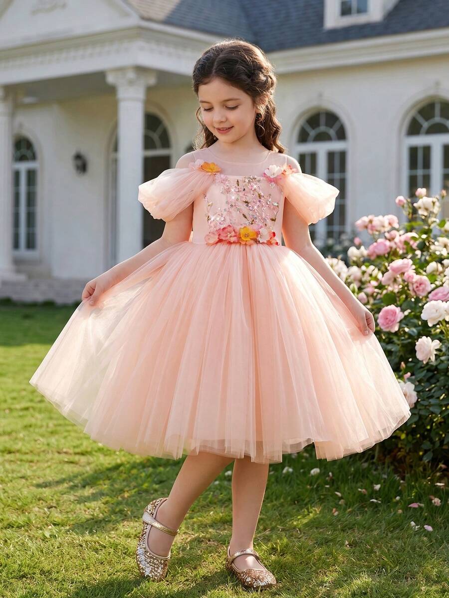 Rochie de prințesă din tul din plasă cu paiete de flori pentru fetiță, potrivită pentru zile de naștere, petreceri, nunți, rochie de flori sau domnișoare de onoare, sărbători - Roz - Vizualizare 1