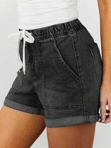 Women's Lightweight Summer Denim Shorts, Casual Loose Drawstring Elastic Waist, Cuffed Hem, Comfortable Vacation Denim Shorts - Negro humo - Ver 3