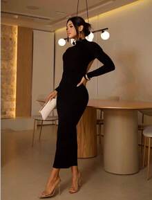 Midi-Length Dress With Long Sleeves, Open Back, Ruched Neckline, Low Collar, Flatters The Figure, Thick Fabric, Lined, Has Built-In Bra Cups. Elegant, Ideal For Various Occasions: Parties, Weddings, Events, Graduations, Dinners, Dates, Nightclubs, Birthdays, Trips, Formal And Evening Teas, Autumn, Winter. - 黑色 - 查看 6