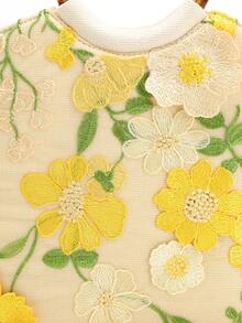 Colorblock Mesh Applique Embroidery Linen Tote Bag, Fresh & Fashionable Floral 3D Decor Vintage Bamboo Handle Tote Bag, Suitable For Dress, Beach, Travel & Leisure, Women - Yellow - View 9
