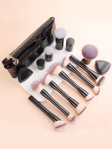 9件套双头化妆刷套装 - 大号散粉刷 + 细节眼影刷 + 轮廓腮红刷，配3个三角形化妆海绵，装在鳄鱼纹收纳袋中，化妆刷套装 - 彩色 - 查看 3