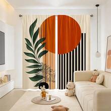 2pcs Bohemian Style Sun And Green Leaf Pattern Curtains, Featuring Medieval Modern Geometric Design With Orange Sun, Green Leaves And Black Stripes. 2D Flat Printing, Minimalist Artistic Style, Suitable For Living Room And Home Office - Multicolor - View 7