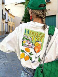 Áo thun nữ Ladorel Civita Lemon Cocktail Print cổ tròn tay ngắn, kiểu dáng retro, thích hợp cho kỳ nghỉ hè, mặc hàng ngày, đi biển và những buổi đi chơi cuối tuần. - trắng - Xem 1