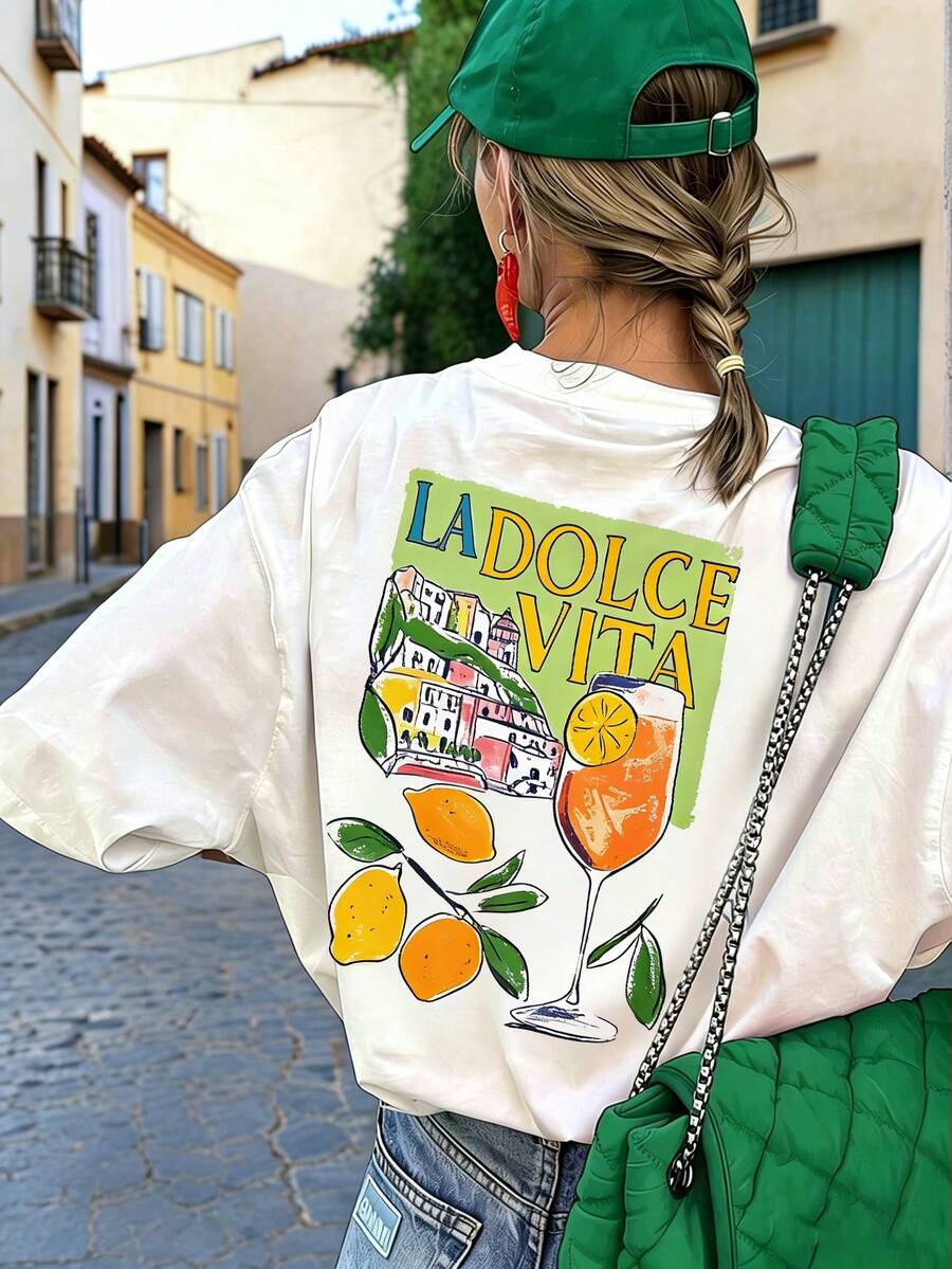 Áo thun nữ Ladorel Civita Lemon Cocktail Print cổ tròn tay ngắn, kiểu dáng retro, thích hợp cho kỳ nghỉ hè, mặc hàng ngày, đi biển và những buổi đi chơi cuối tuần. - trắng - Xem 1