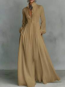 Elegant French-Style Dress For Women, Fitted, Long-Sleeved, Plain Emerald Green, High Neck And Raglan Sleeves, Ideal For Vacation - 卡其色 - 查看 8