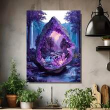 Pintura en lienzo 2D plana, 2D plana, sin marco, que representa una cueva de cristal púrpura en un bosque fantástico, completa con una cascada y árboles verdes. Disponible en s de 8X12, 12X18, 16X24, 20X30 e 24X36 pulgadas - Enmarcado - Ver 4