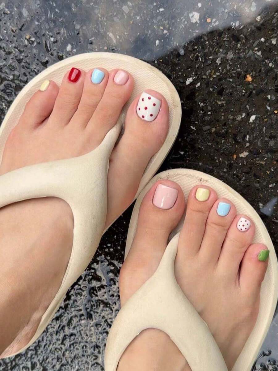 24pcs Y2K Style Medium Square Rainbow Polka Dot Pattern False Nails (Toenails), Charming Feminine Style, Full Coverage Acrylic Material Fake Nails, Comes With 1 Bottle Glue And 1 Nail File, Suitable For Women And Girls Daily Work, Study And Party, Spring/Summer Manicure - Multicolor - View 1
