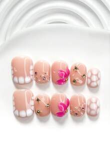 10pcs French Minimalist Handmade Nail Art Set, Includes Rose Red Flowers, Asymmetrical Rhinestones, White Zebra Prints Decorations, With Nail Tools (1 Nail Foil Sticker + 1 Nail File), Suitable For Square, Short Square, Almond Nails, Applicable For Parties, Daily Wear, Photoshoots, All Seasons, Office Commute - Multicolor - View 16