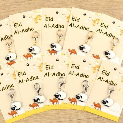 10pcs Eid Al-Adha Cartoon Cute Sheep Keychains, Animal Themed, Comes With Eid Greeting Card, Mini Sheep Animal Pendant Vintage Accessory, Eid Gift, Suitable For Bags And Backpacks, Multifunctional Celebration Decor, Suitable For Birthday, Wedding, Eid
