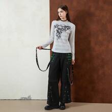 Women Cargo Jeans, Striped Zipper Button Closure Loose Casual Trousers Streetwear With Pockets - 綠色 - 查看 2