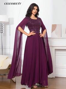 Women's Elegant Purple Long Sleeve Chiffon Pleated Dress, Graceful And Formal For Celebration Events Wedding Party - Purple - View 6