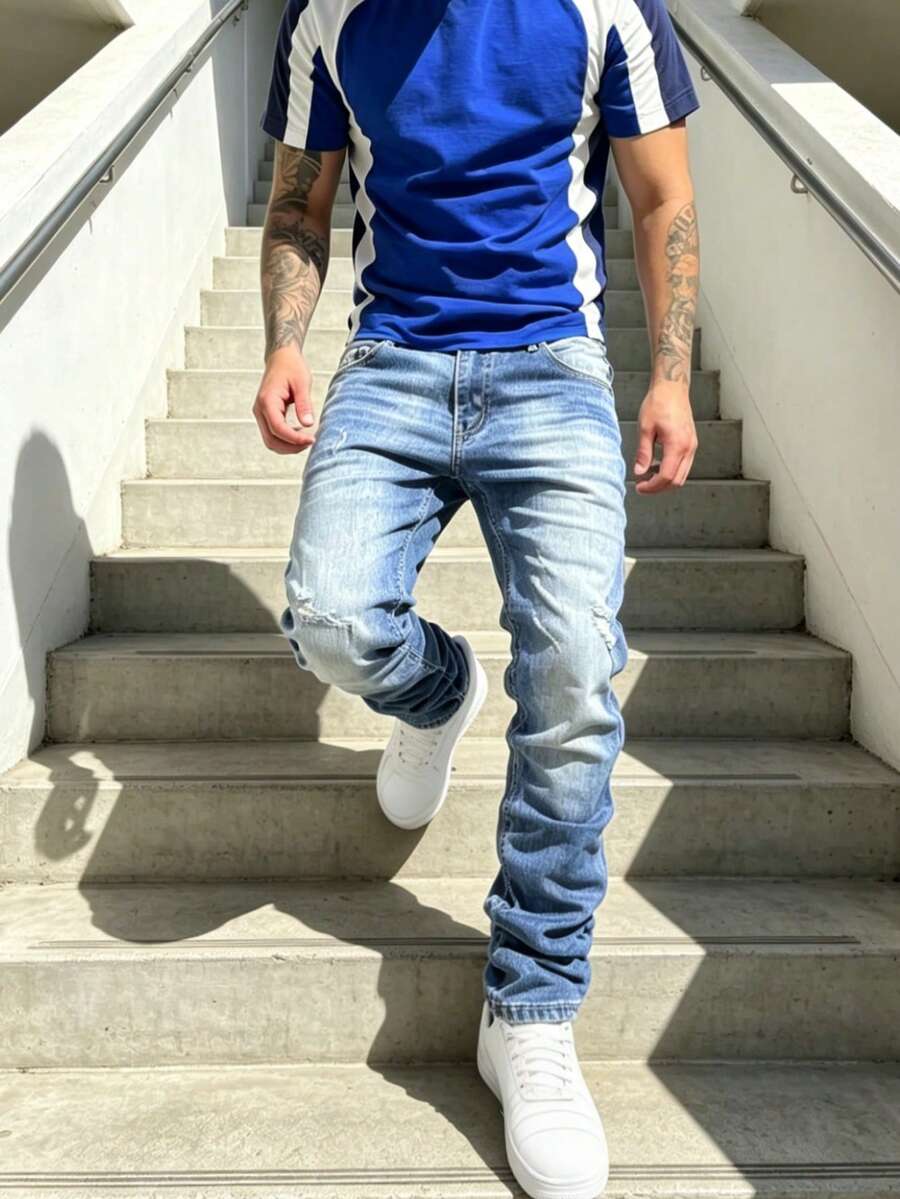 Men's High Stretch Straight Leg Casual Washed Distressed Minimalist Retro Jeans - Royal Blue - View 1