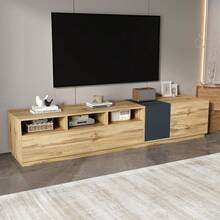 Un moderno soporte para TV en colores contrastantes. Con un diseño sencillo y de alto contraste. Cuenta con compartimentos abiertos y aberturas para la gestión de cables. 200 cm - Caqui - Ver 3