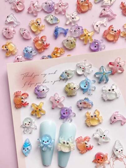 50pcs/100pcs Ocean Style Shiny Star, Seashell, Crab, Seahorse, Shell, Octopus Pattern Nail Art Decorations, DIY Colorful Ocean Element Nail Jewelry, Nail Products, Mixed Shapes And Styles