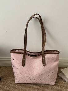 1 buah Tas Tote Nylon Kapasitas Besar dengan Dekorasi Rivet Logam Warna Pink, Tas Bahu Wanita, Koleksi Terbaru Musim Semi - Berwarna merah muda - View 2