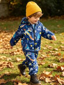 2pcs/Set Toddler Boys' Hooded Jacket With Rocket & Space Print + Pants Sportswear Outfit - Navy Blue - View 1