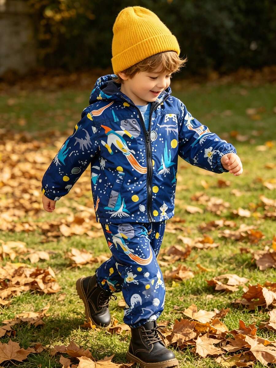 2pcs/Set Toddler Boys' Hooded Jacket With Rocket & Space Print + Pants Sportswear Outfit - Navy Blue - View 1