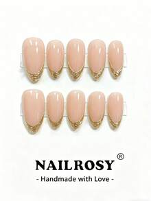 nailrosy 10Pcs Handmade Press On Nails Medium Oval Nude Fake Nails Gold Foil Metallic French Tip Gloss Luxury Elegant Daily Manicure - Gold - View 1