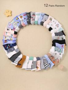 1/12 Pairs Random Color Baby Ankle Socks, Star Stripe Pattern, Newborn Essentials, Children Party Gift, Fun Socks, Beach Summer, Baby Accessories - Multicolor - View 3